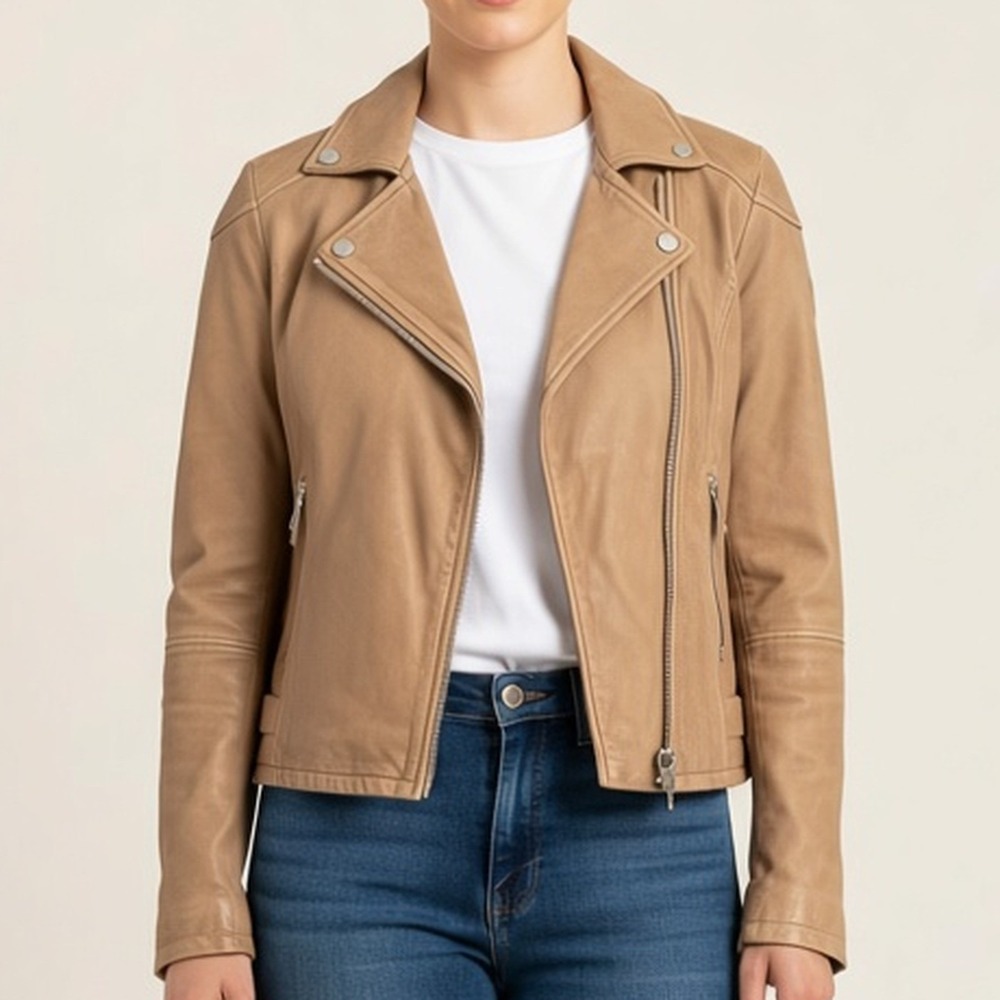 Mauritius NWT Washed Lamb Leather Biker Moto Jacket Tan Asymmetric Zip Women M